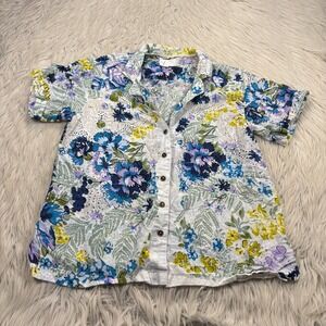 Athropologie Women's S Printed Surf Shirt Blue Floral Cotton Blend Boho Resort